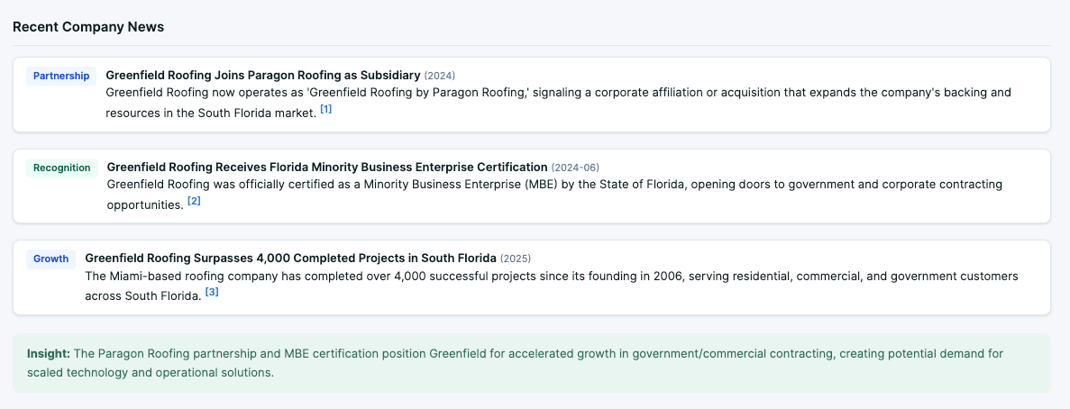 Recent Company News panel surfacing partnership, recognition, and growth signals for a closed-lost account, with an insight summary