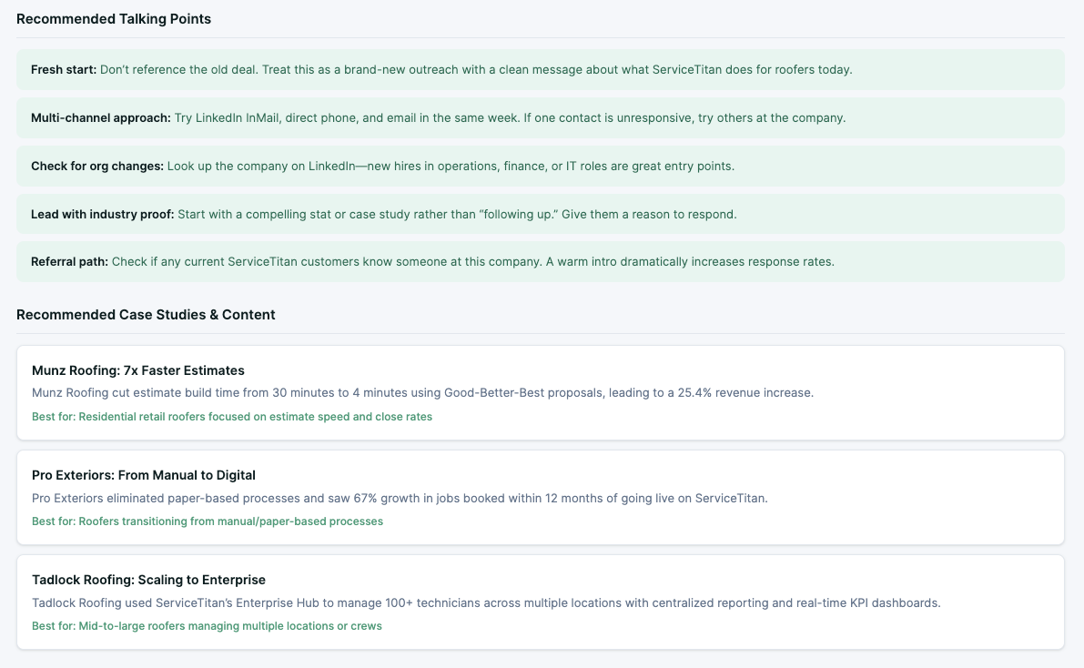 Recommended talking points and recommended case studies and content tailored to a closed-lost account