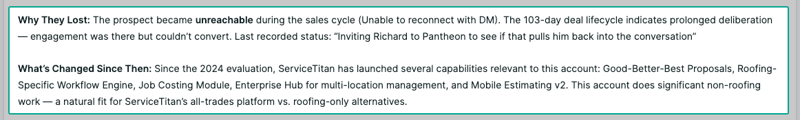 Why They Lost and What's Changed Since Then summary for a closed-lost account