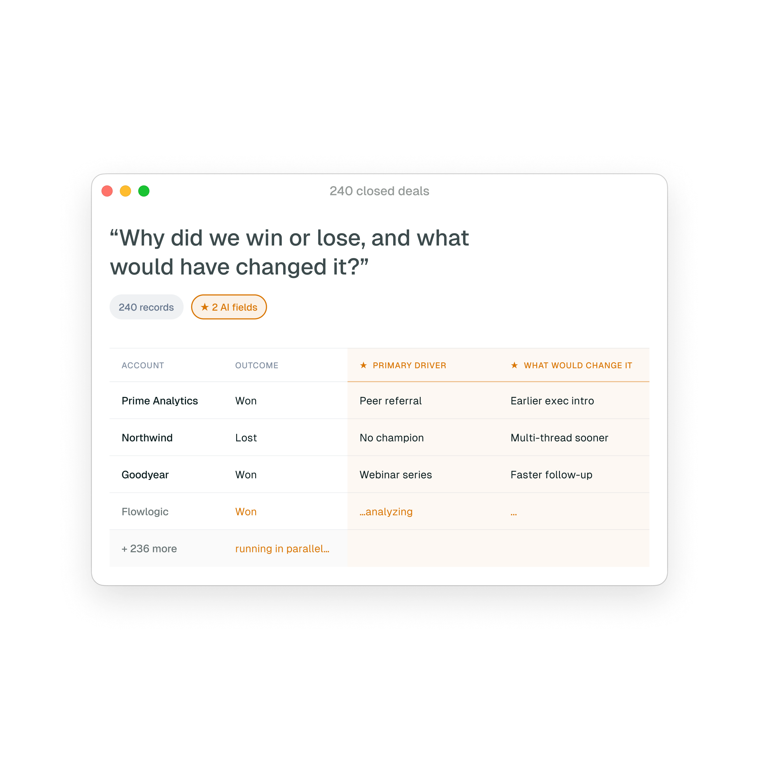 Analyst-quality answers returned as structured, cited data across every account at once
